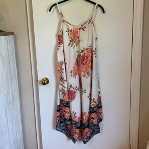Blush Floral Halter Dress w/ Pink and Orange Accents w/ Attached Chain Necklace